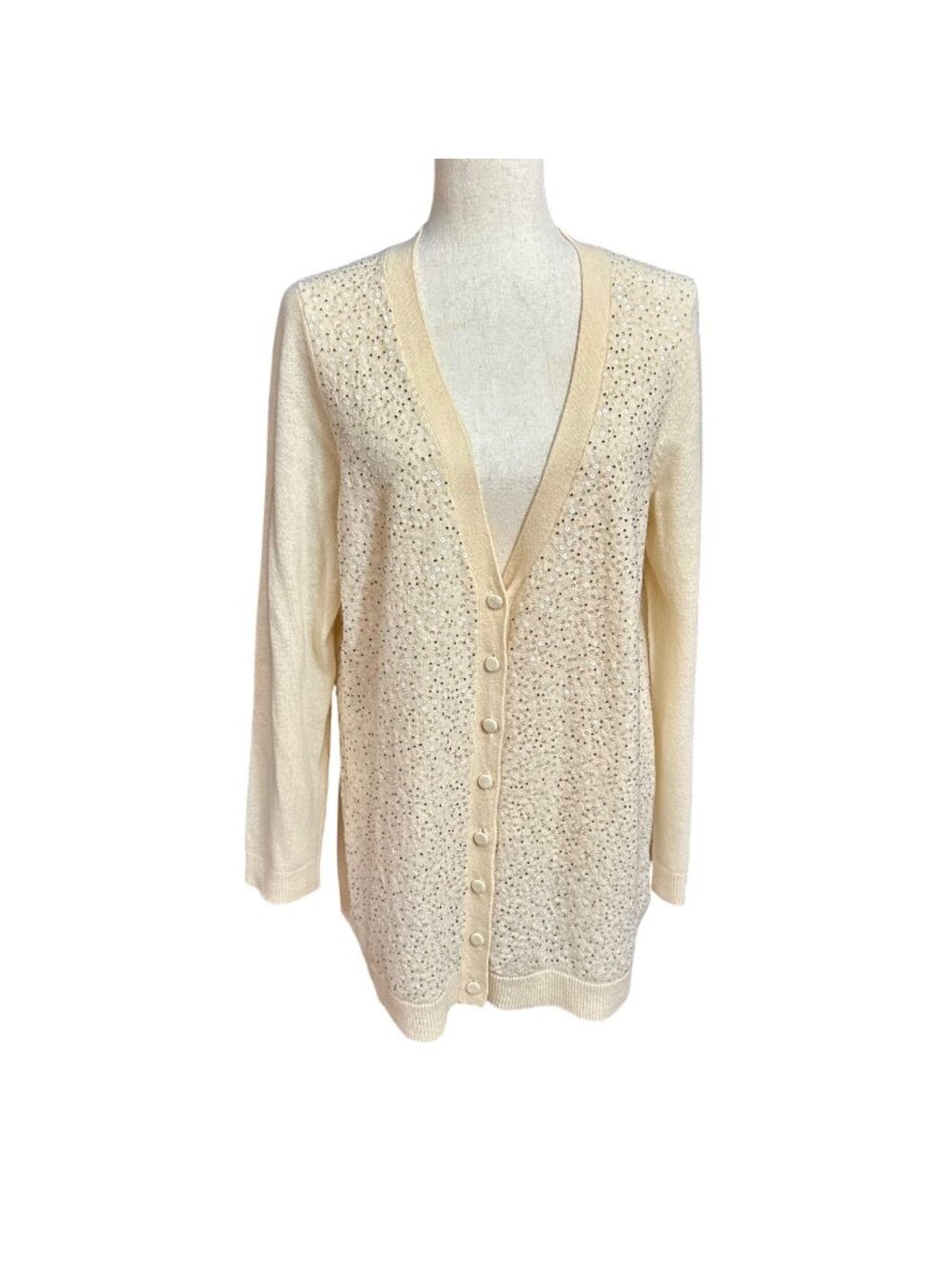 Talbots Cardigan Women 1X NWOT Cream Lambswool Blend Long Sleeve Sequin